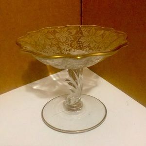 Fostoria Italian Lace Baroque Glass Compote Gold Etch Vintage Depression